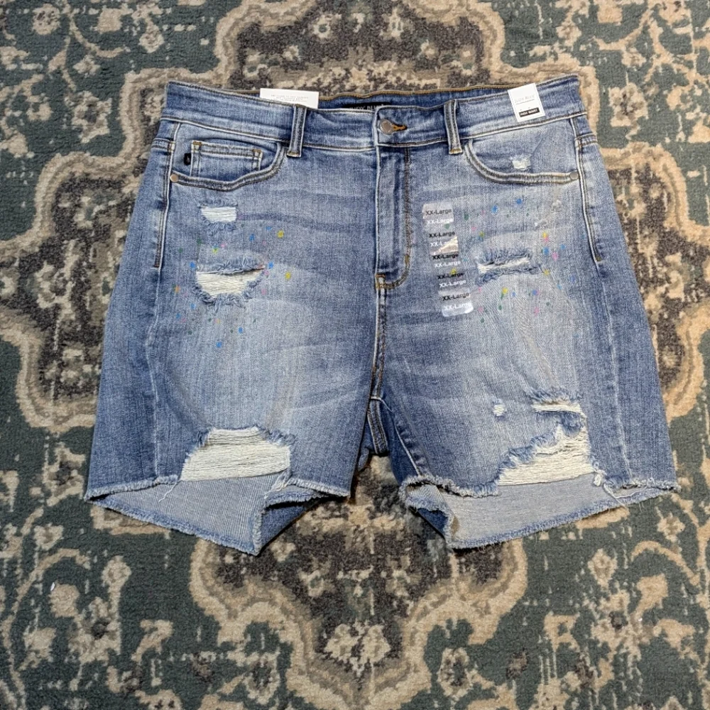 Woman's High Waist Lite Blue Distressed Denim Shorts, by Judy Blue SZ 2XL